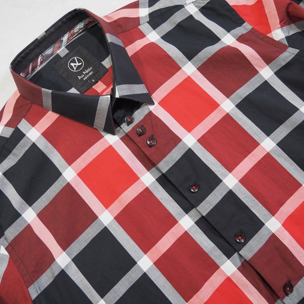 Au Noir Sz 6 (2XL) Red and Black Plaid Button Down Shirt Flip Cuffs 100% Cotton